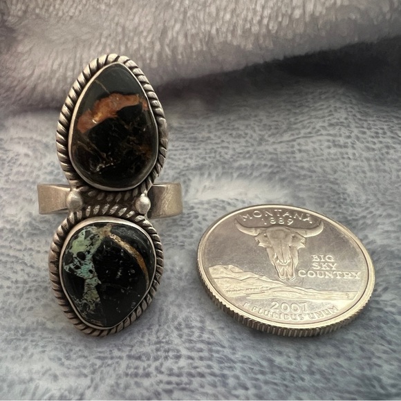 ❤️ Rare Black Jack Turquoise 2 Stone 926 Adj Size 8.25 Navajo Ring 9.5gm Unisex - Picture 6 of 11